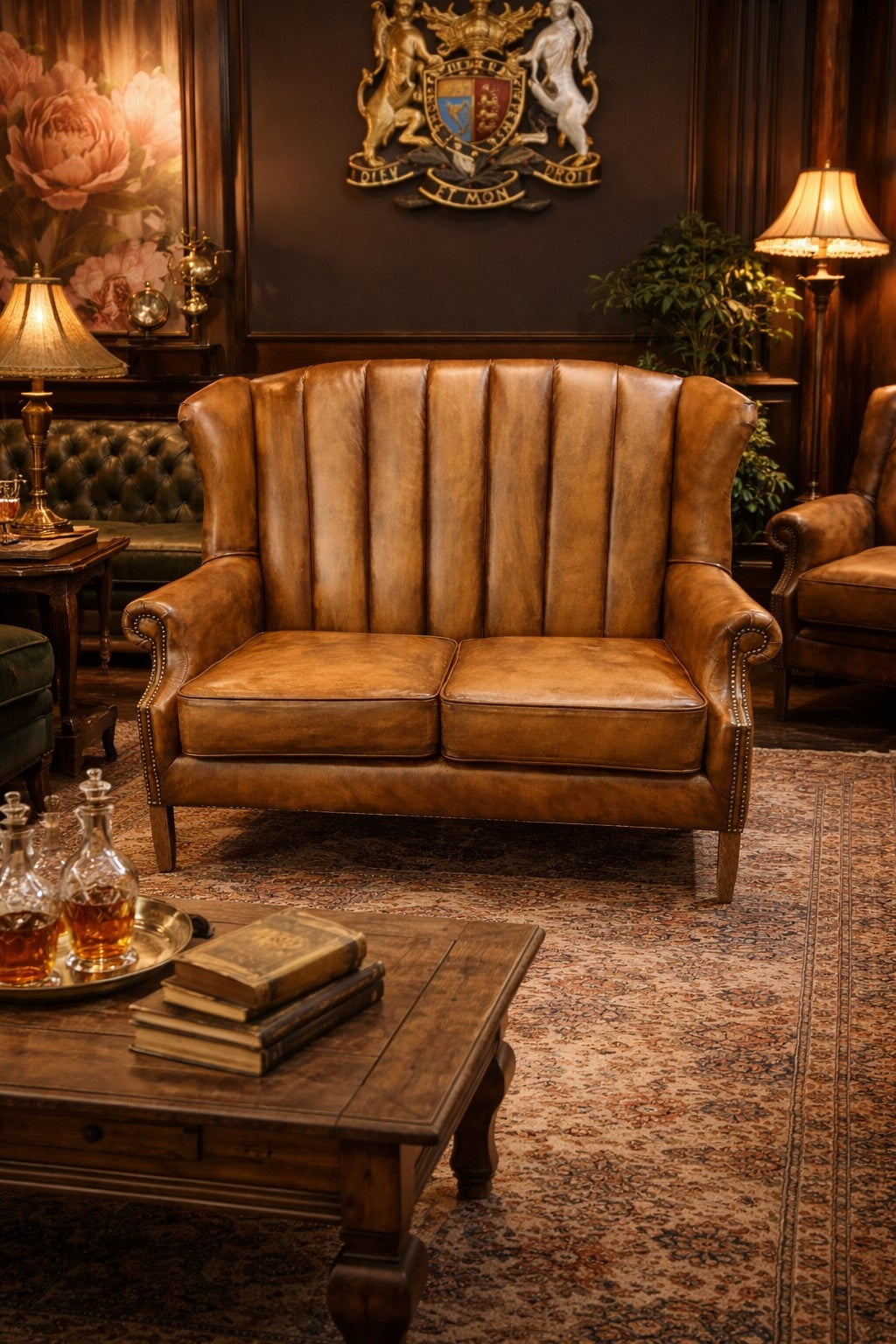 Vintage Sofa Company Clive Fluted Wing 2 Seater in Distressed Antique Leather — lifestyle setting