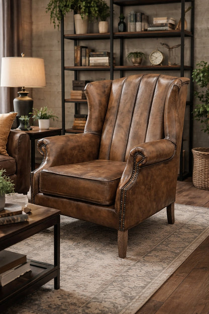 Vintage Sofa Company Clive Fluted Wing Chair in Distressed Antique Leather — lifestyle setting