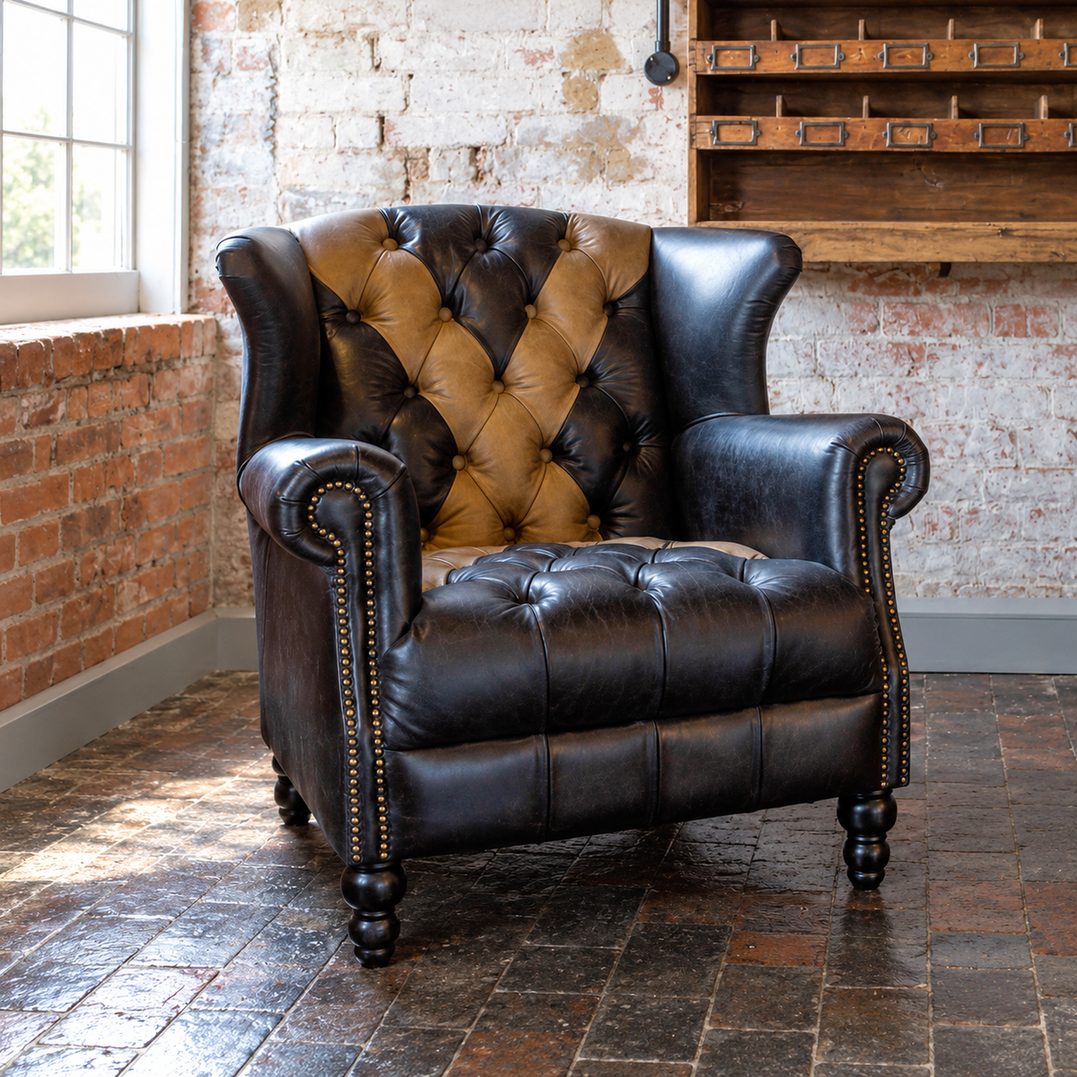 Vintage Sofa Company Crompton Saltire Leather Armchair shown in a room setting