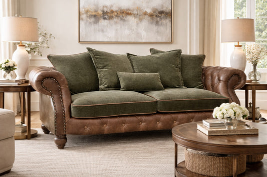 Vintage Sofa Company Elford 3 Seater Sofa in Verona Seaweed & Fudge Leather Arms — lifestyle setting