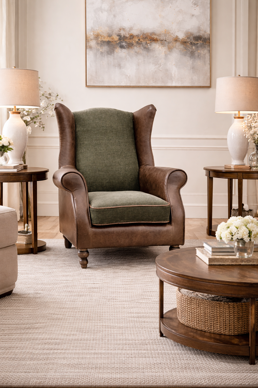Vintage Sofa Company Elford Armchair Verona Seaweed & Fudge Leather — lifestyle setting