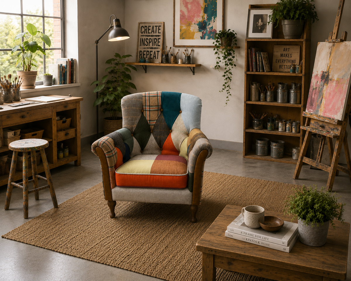 Vintage Sofa Company Padley Chair in Patchwork â€” lifestyle setting