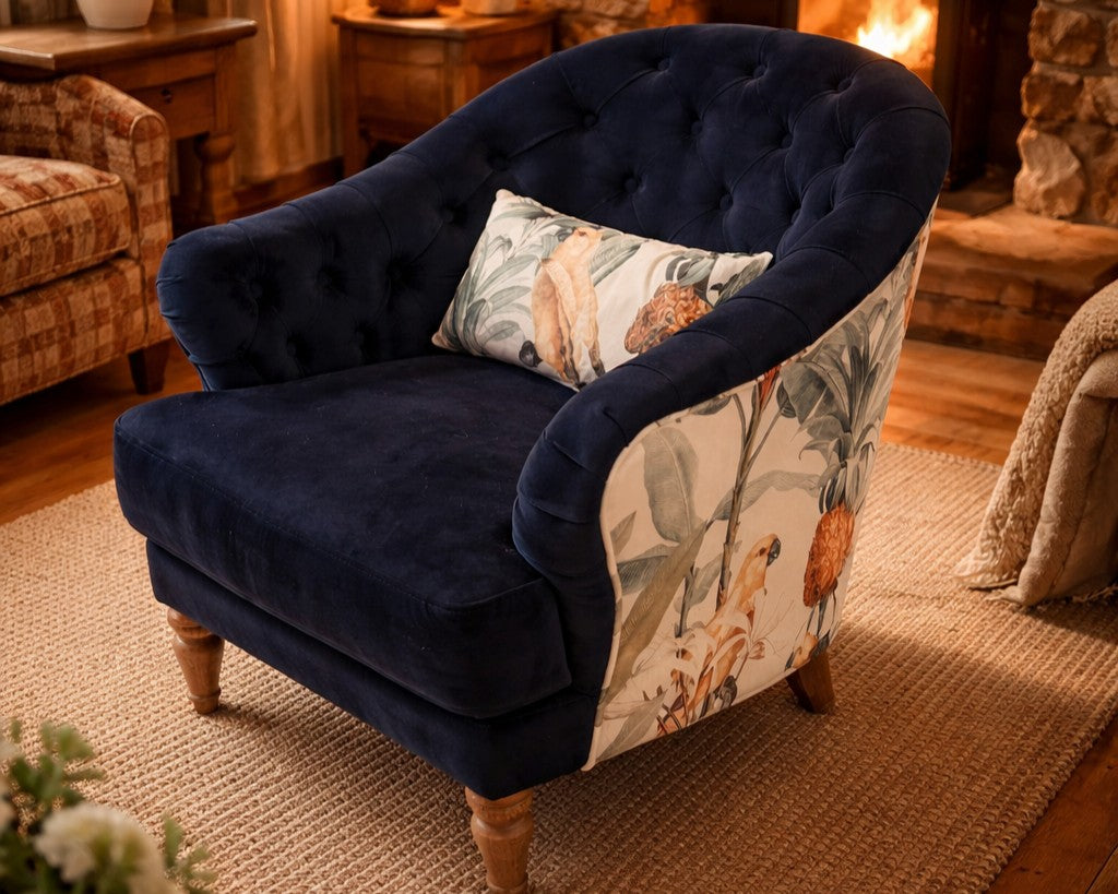 Vintage Sofa Company Risley Armchair Plush Marine + print — lifestyle setting