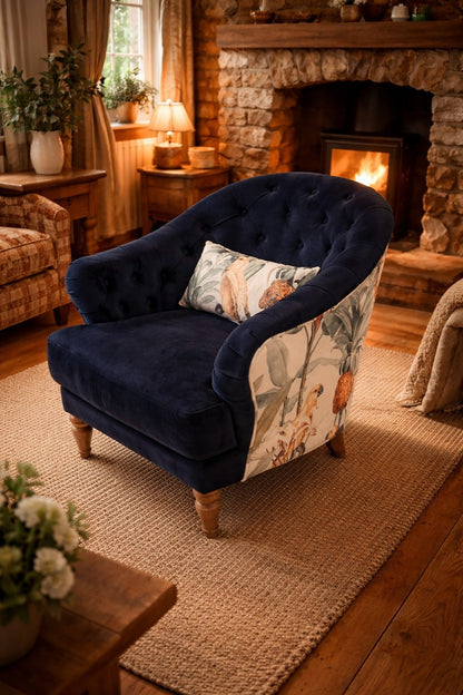 Vintage Sofa Company Risley Armchair Plush Marine + print — lifestyle setting