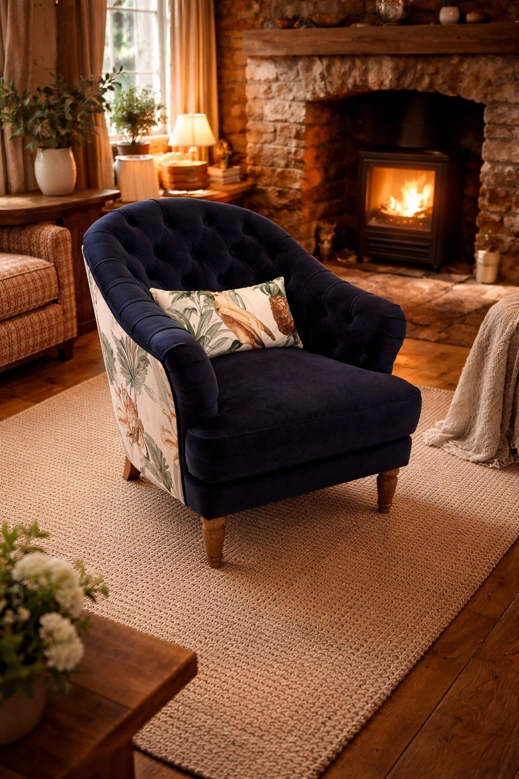 Vintage Sofa Company Risley Armchair Plush Marine + print — lifestyle setting