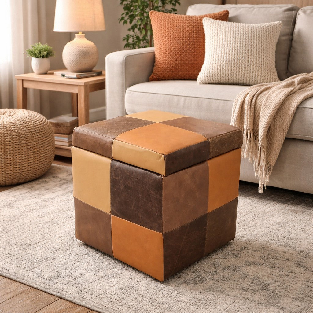 Vintage Sofa Company Storage Cube in Toffee Patchwork — lifestyle setting