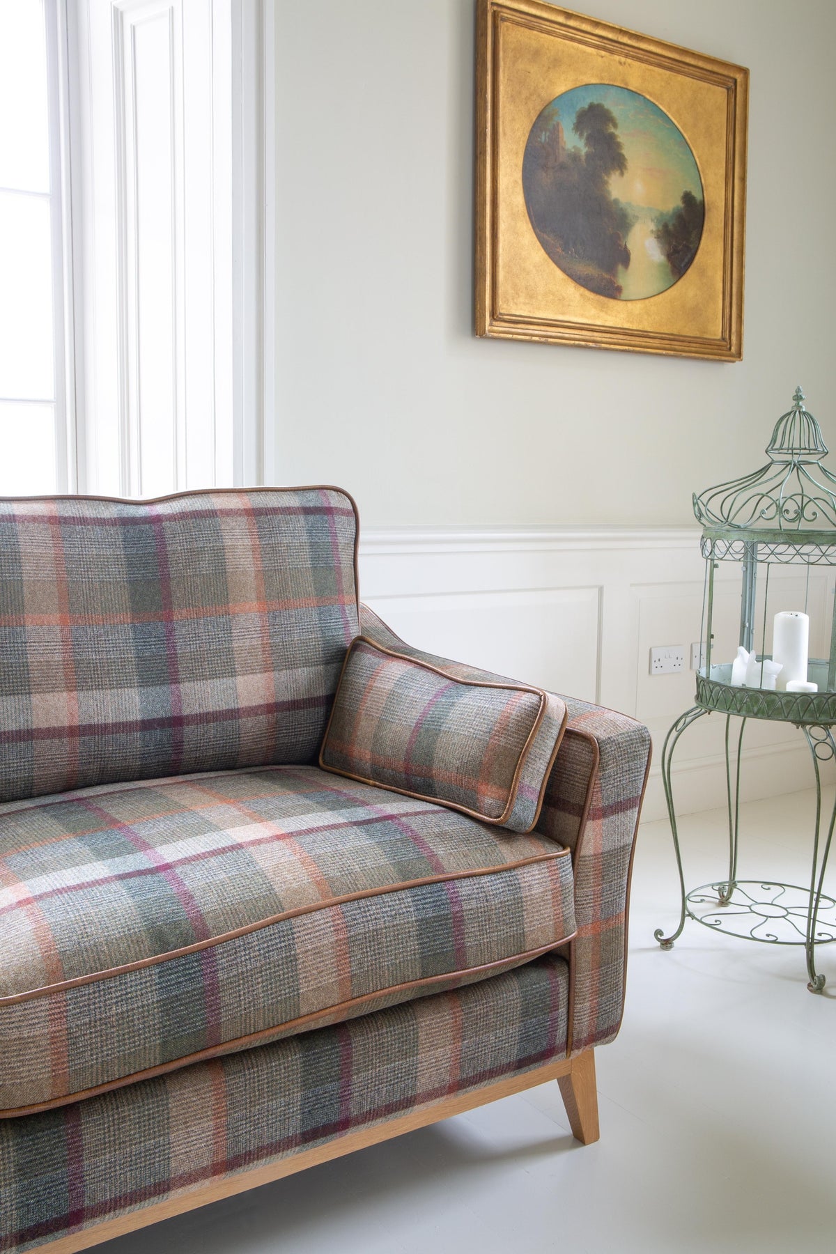 Vintage Sofa Company Whitwell 2 seater Sofa Malham Green Wool & Tan Leather — detail view