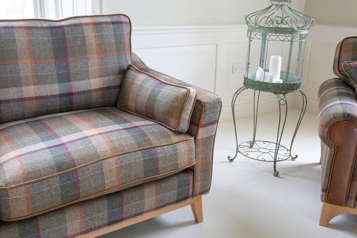 Vintage Sofa Company Whitwell 2 seater Sofa Malham Green Wool & Tan Leather — detail view