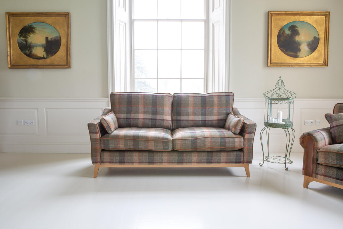 Vintage Sofa Company Whitwell 3 seater Sofa in Malham Green Wool & Tan Leather — lifestyle setting