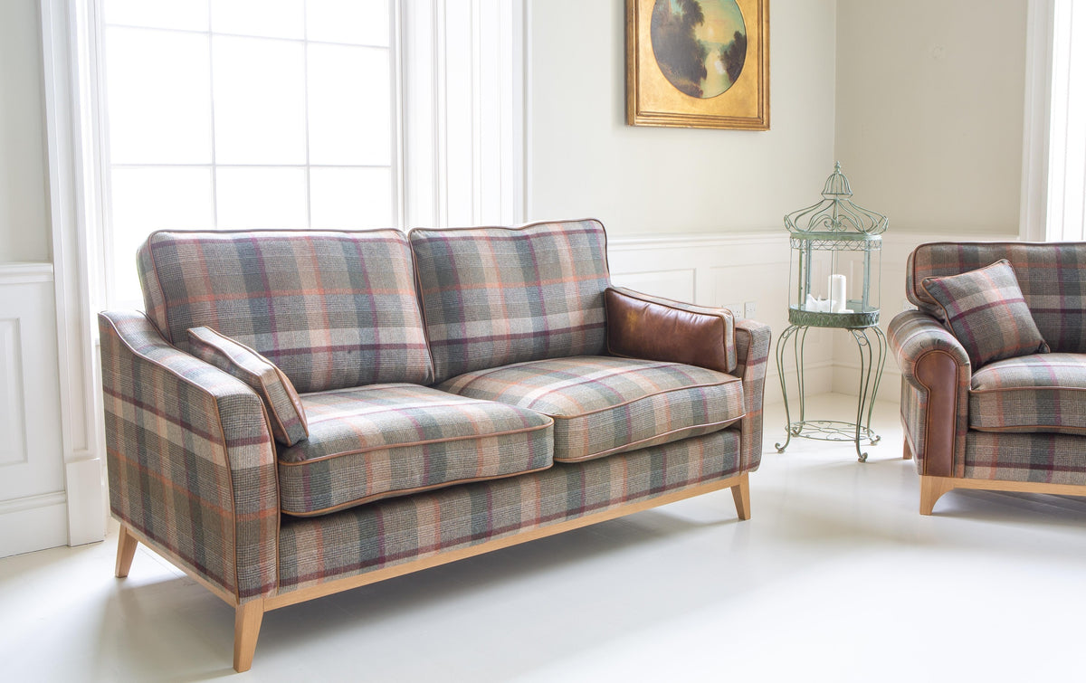 Vintage Sofa Company Whitwell 3 seater Sofa in Malham Green Wool & Tan Leather — lifestyle setting