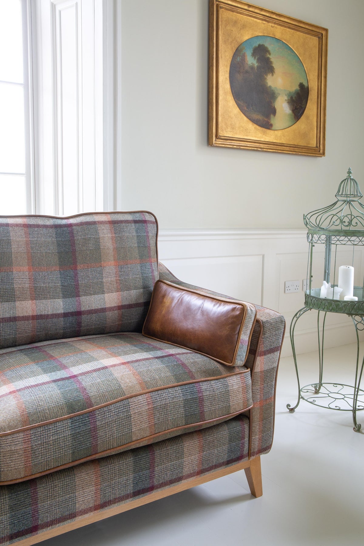 Vintage Sofa Company Whitwell 3 seater Sofa in Malham Green Wool & Tan Leather — detail view