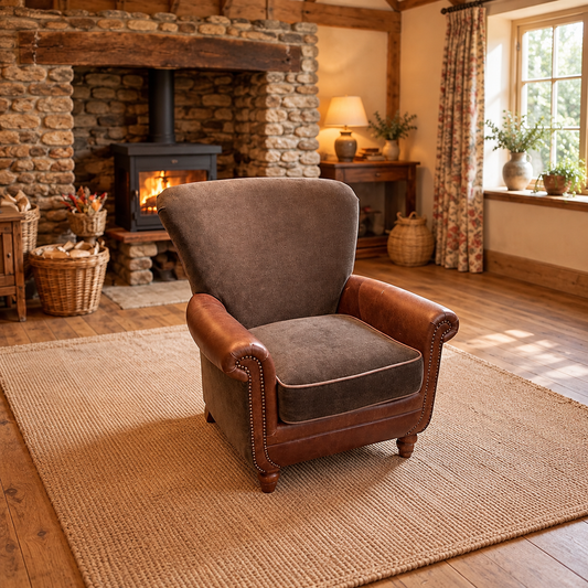 Vintage Sofa Company Wilford Armchair in Fudge Leather and Verona Seaweed shown complete in a room setting