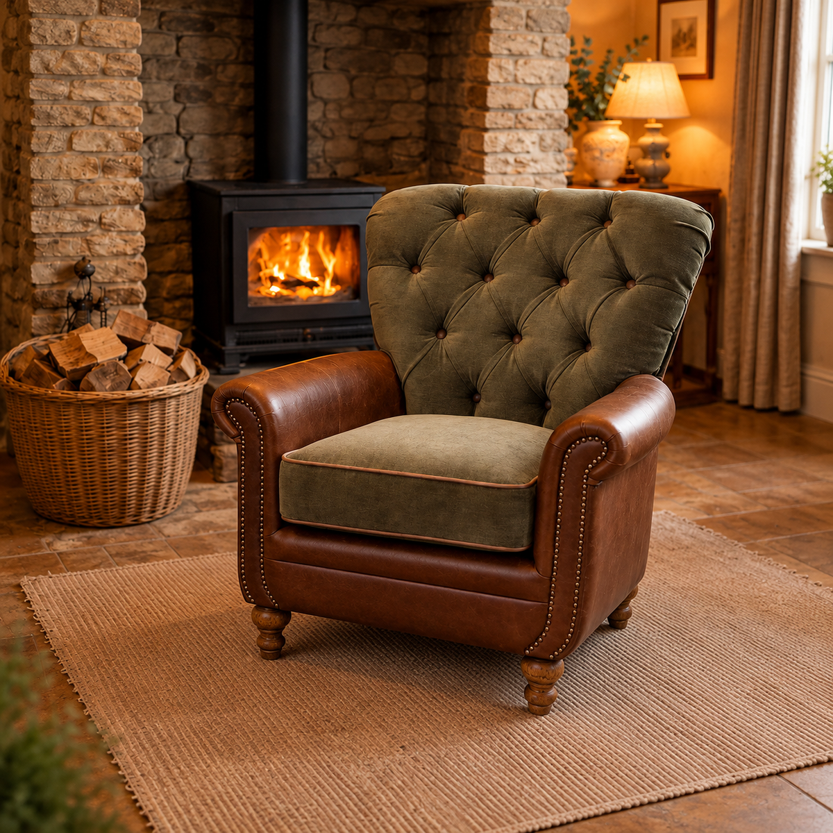Vintage Sofa Company Wilford Buttoned Back Armchair in Fudge Leather and Verona Seaweed shown complete in a room setting