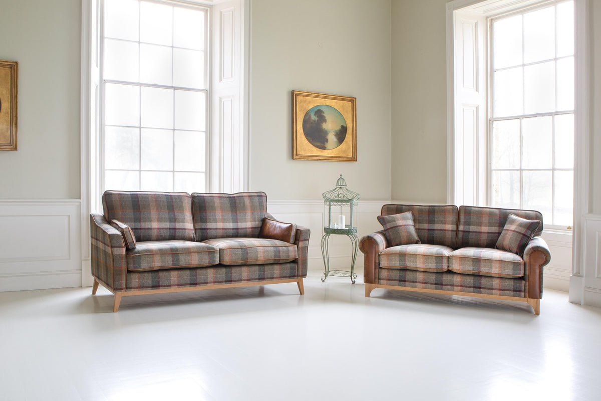 Vintage Sofa Company Winderwath 2 Seater Sofa - Malham Green wool + Tan Leather — lifestyle setting