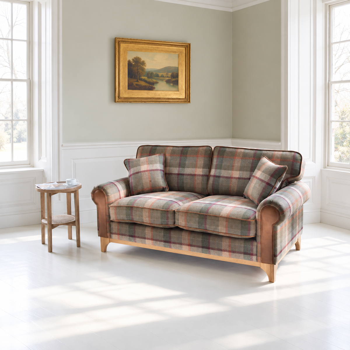 Vintage Sofa Company Winderwath 3 Seater Sofa in Malham Green Wool and Tan Leather shown complete in a room setting