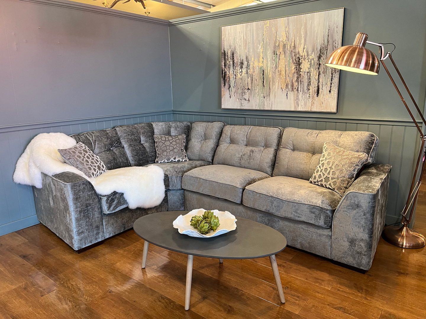 Monroe RH2+CO+LH1 Sofa in Arran Nickel | Shackletons