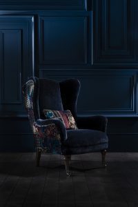 Spink  Edgar Crawford Wing Chair shown in Allure Azure and Royal Garden Sapphire | Shackletons