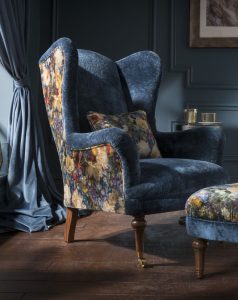 Spink Edgar Crawford Wing Chair shown in Allure Azure and Royal Garden Sapphire | Shackletons