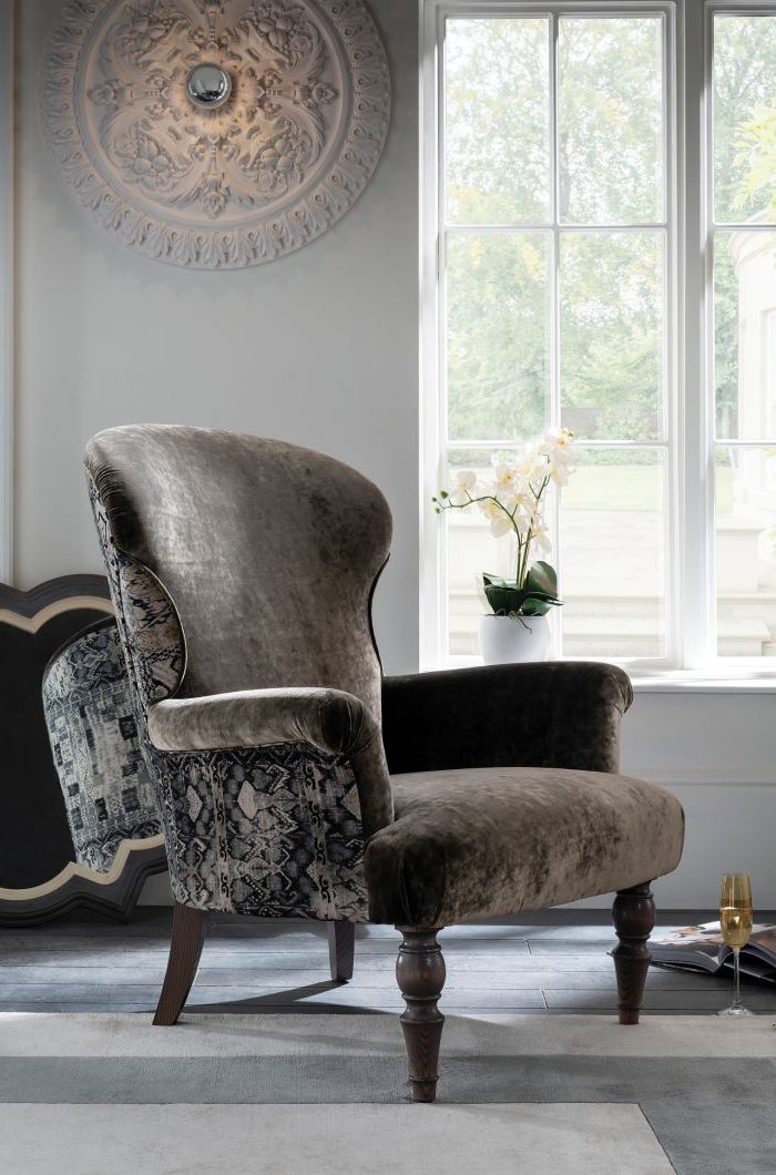 Spink & Edgar Garland Chair shown in Opium Moonstone and Rio Indigo