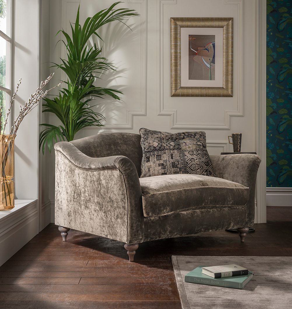 Spink & Edgar Lamour Snuggler Sofa shown in Opium Moonstone