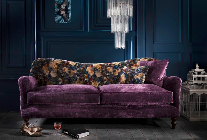 Spink & Edgar Tiffany Grand Sofa shown in Allure Tanzanite and Royal Garden Sapphire