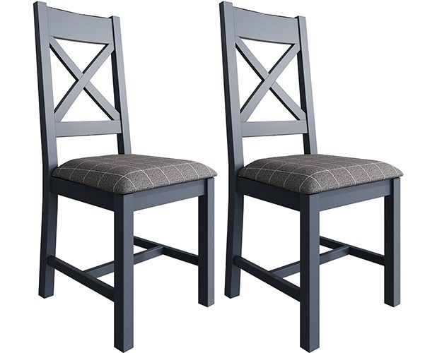 Pair of Kettle Interiors Parker Dining Blue Crossback Chairs with Fabric Seat in Check Grey