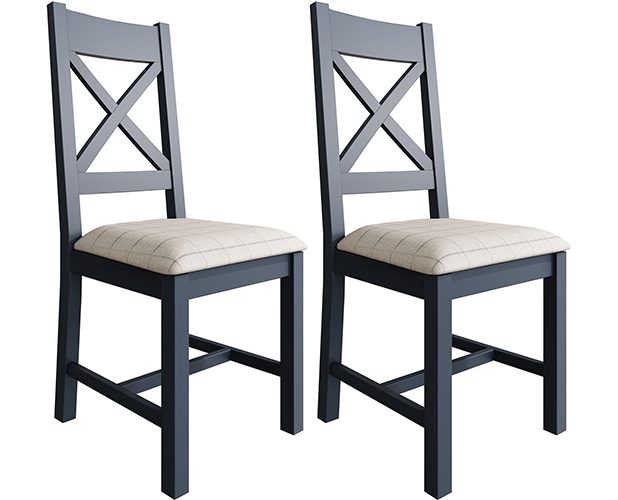 Pair of Kettle Interiors Parker Dining Blue Crossback Chairs with Fabric Seat in Check Natural | Shackletons