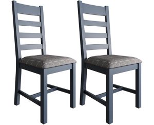 Pair of Kettle Interiors Parker Dining Blue Slatted Chairs with Fabric Seat in Check Grey | Shackletons