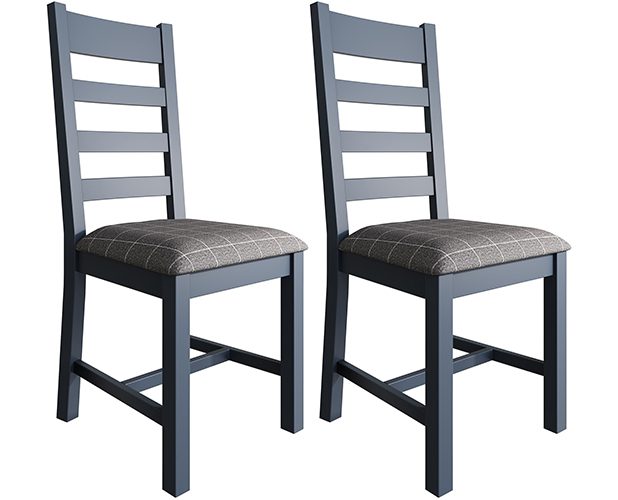 Pair of Kettle Interiors Parker Dining Blue Slatted Chairs with Fabric Seat in Check Grey