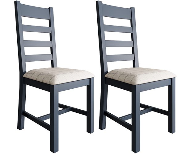 Pair of Kettle Interiors Parker Dining Blue Slatted Chairs with Fabric Seat in Check Natural