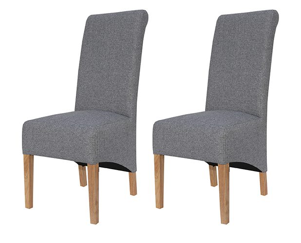 Pair of Kettle Interiors Scroll Back Fabric Chairs Light Grey | Shackletons