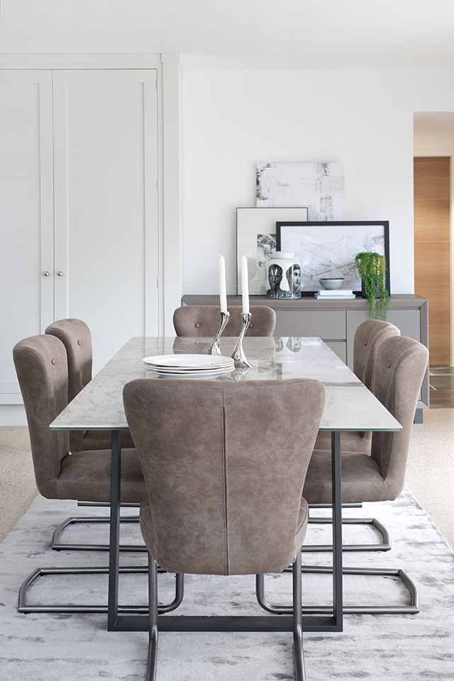 Baker Furniture Panama Light Grey 176cm 216cm Extending Dining Set with Oscar Chairs | Shackletons
