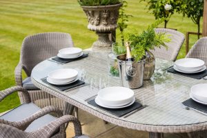 4 Seasons Outdoor Sussex 180cm Oval 6 Seat Dining Set in Polyloom Pebble | Shackletons