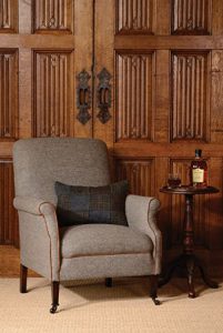 Tetrad Bowmore Chair in Heather Harris Tweed with Bromton Tan Piping | Shackletons