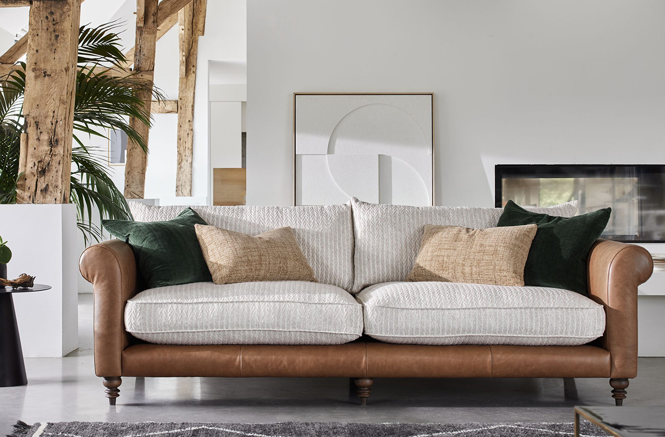 Alexander & James Ralphie 4 Seat Sofa Shown in Eco Legume Leather and Knit Natural Fabric