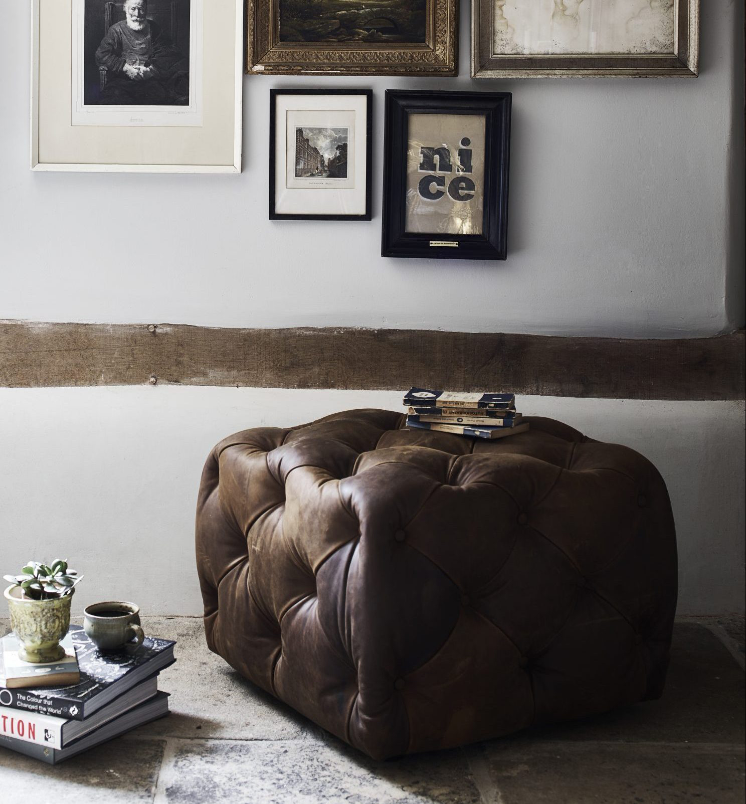 Alexander & James Button Small Footstool in Jin Brown Leather