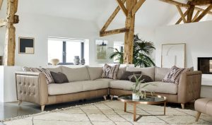 Alexander James Haven 3 Corner 3 Sofa Shown in Soul Taupe Leather and Wild Natural Fabric | Shackletons