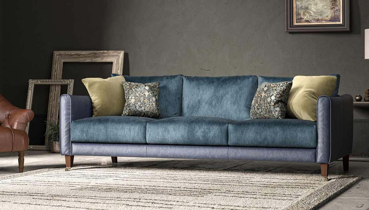 Alexander & James Mayfield 4 Seater Sofa in Kodak Blue leather and Berlin Prussian Fabric