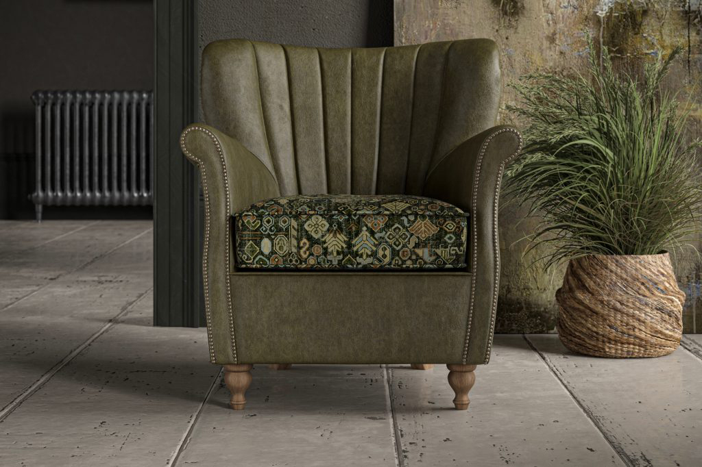 Alexander & James Percy Chair in Kodak Palm Leather and Cleo Moss Fabric