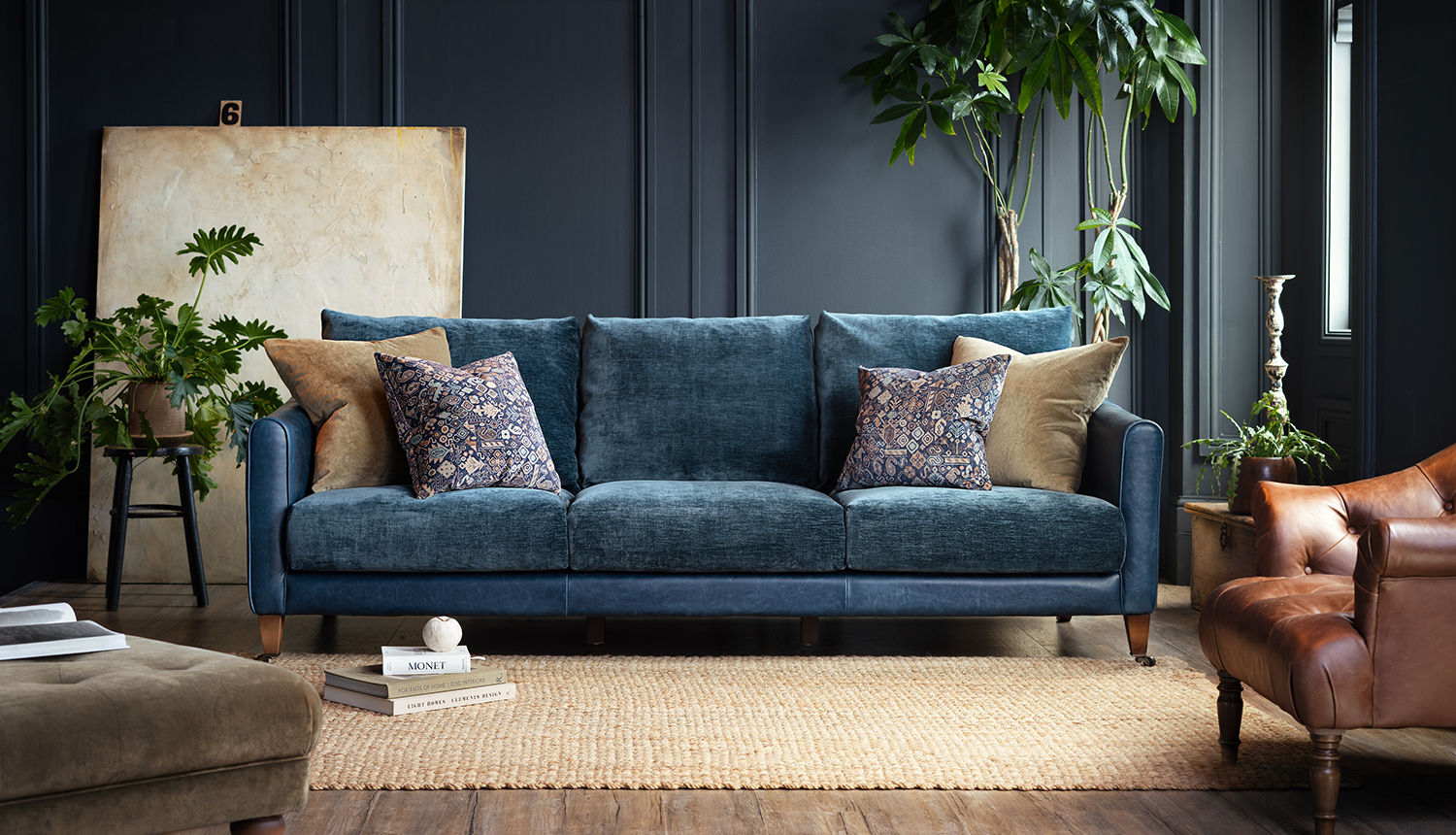 Alexander James Mayfield 4 Seater Sofa in Kodak Blue leather and Berlin Prussian Fabric | Shackletons