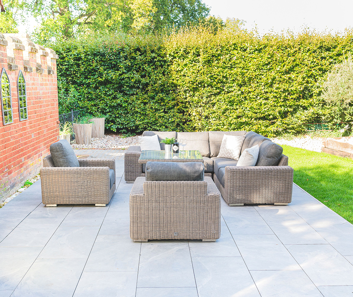4 Seasons Outdoor Kingston Corner Set with 90cm Hi-Lo Nest Table and 2 Armchairs