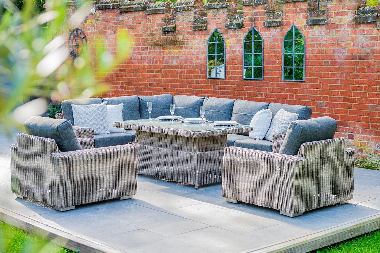 4 Seasons Outdoor Kingston Corner Set with 150cm x 90cm Hi-Lo Nest Table and 2 Armchairs