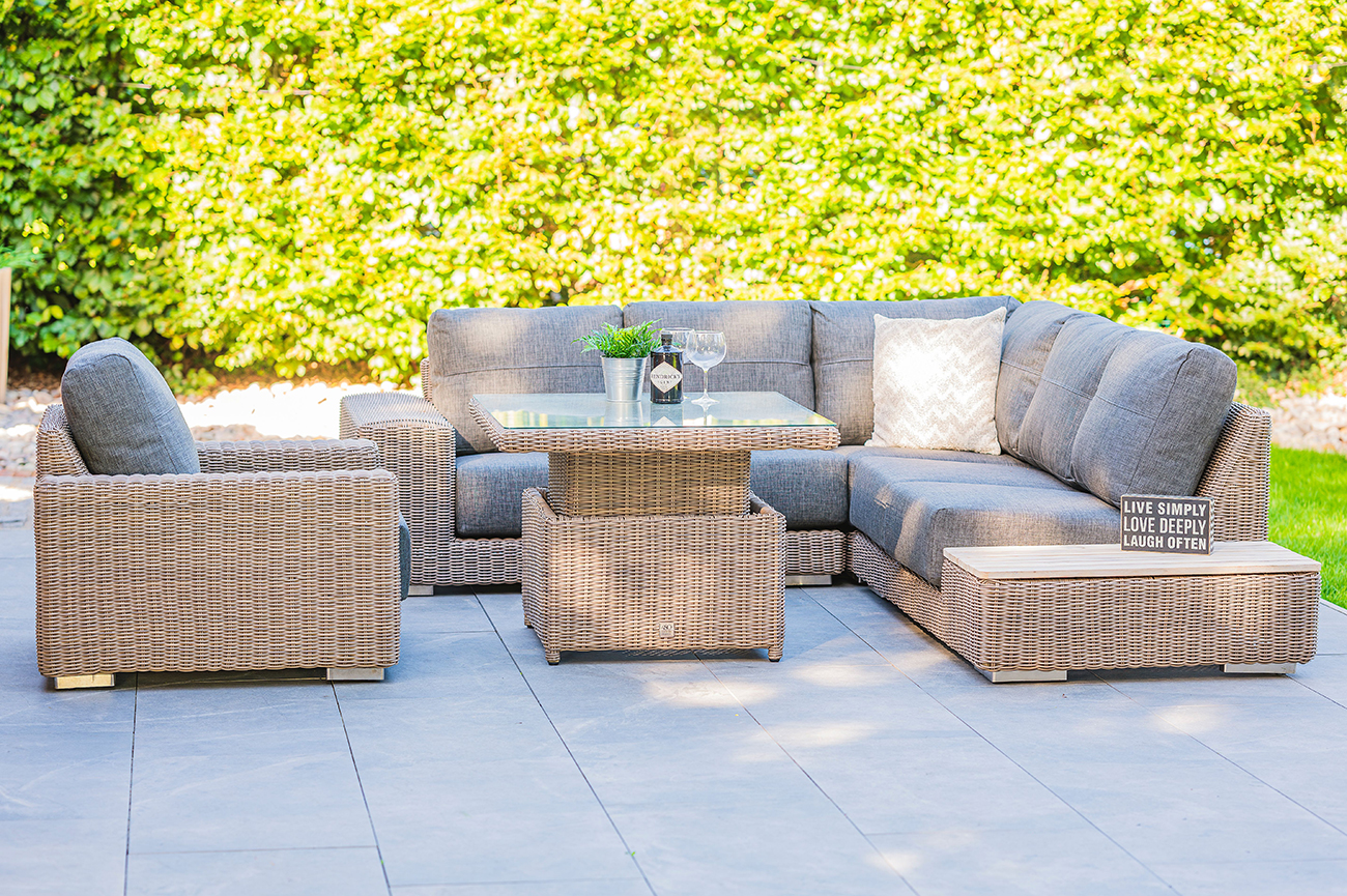 4 Seasons Outdoor Kingston Left Teak Corner Set with 90cm Hi Lo Denver Table and 1 Armchair