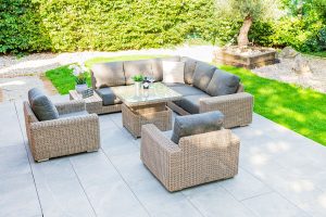 4 Seasons Outdoor Kingston Right Teak Corner Set with 90cm Hi Lo Denver Table and 2 Armchairs | Shackletons