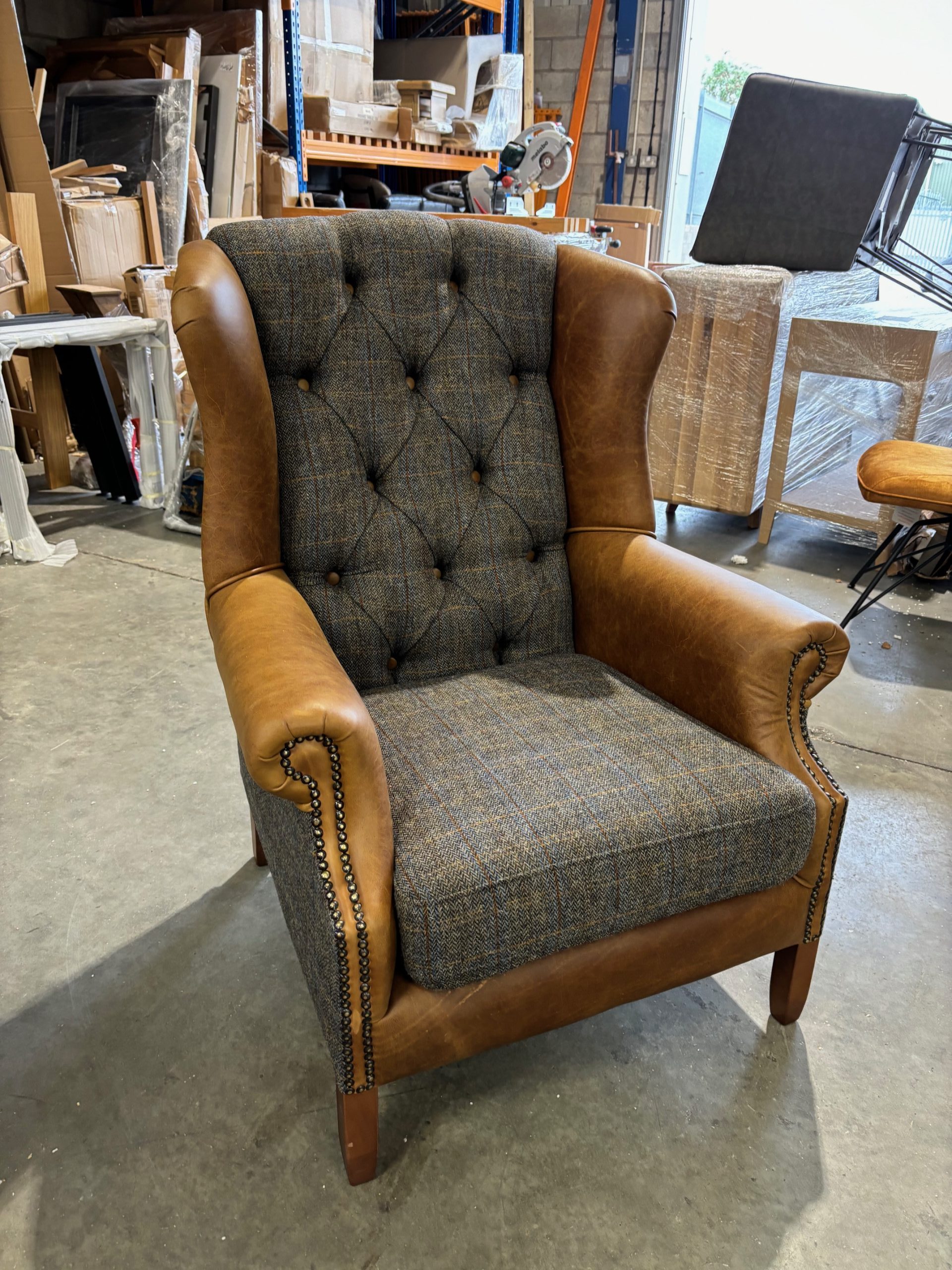 Wing Armchair in Cerato Leather and Moreland Harris Tweed (WAREHOUSE CLEARANCE)