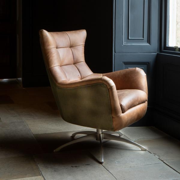 Fallon Leather Chair in Washed Green Canvas and Leather