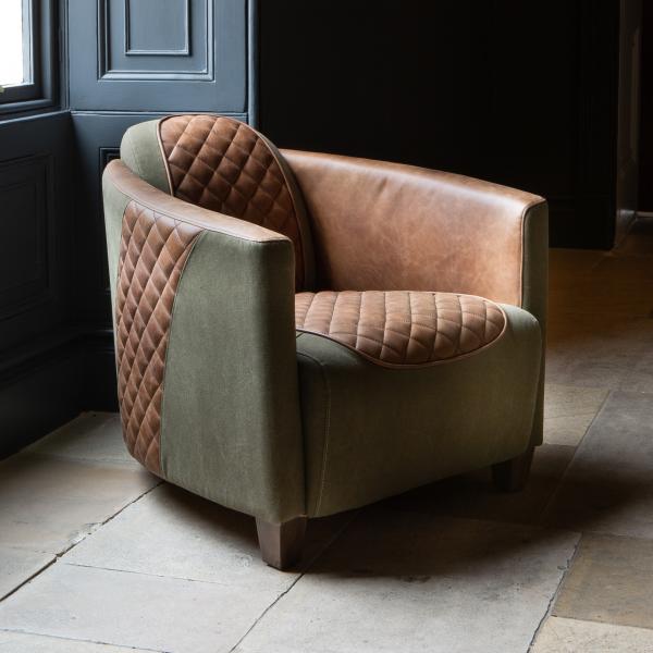 Vincent Leather Chair in Washed Green Canvas and Leather