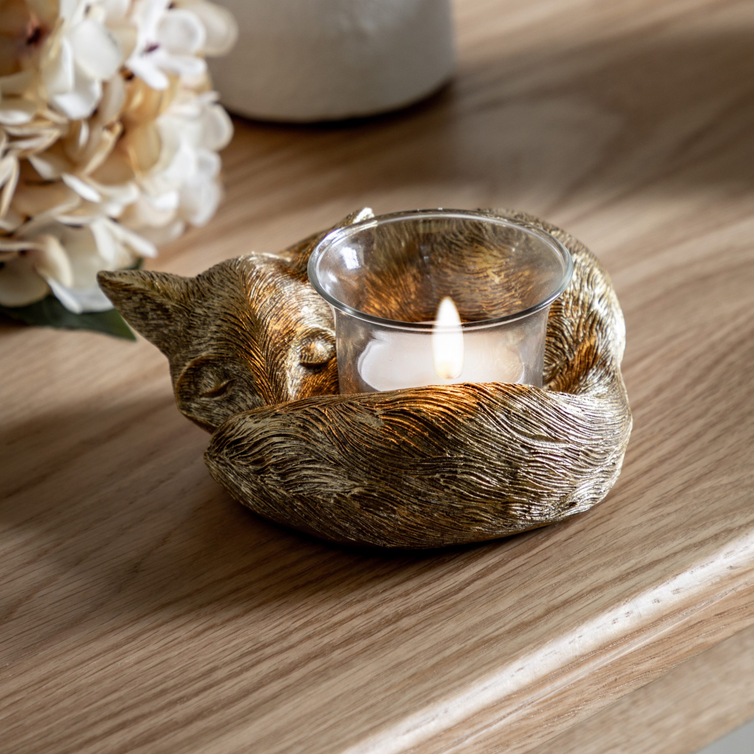 Gallery Direct Sleeping Fox Tealight Holder Gold