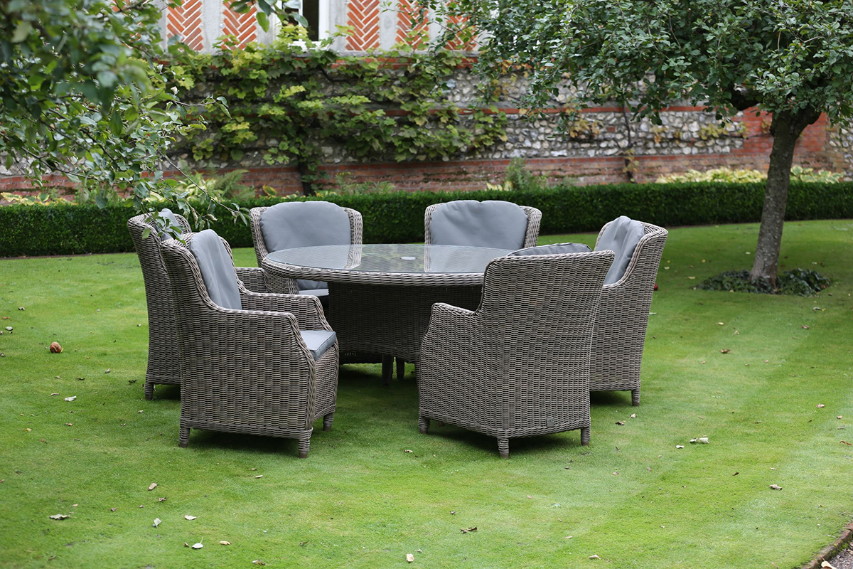 4 Seasons Outdoor Brighton 150cm Round 6 Seat Dining Set in Pure Weave