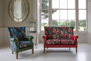 Vintage Sofa Company Hexham Chair in Kingfisher Fabric and Bottle Green Leather | Shackletons